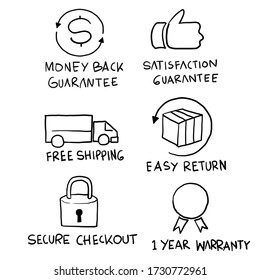 hand drawn E-commerce security badges risk-free shopping icons set doodle