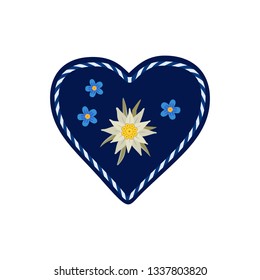 Hand drawn edelweiss flower in heart isolated. Vector national symbol of Alps Mountain alpine plant cartoon. Traditional Oktoberfest event blue white decorative design element. Background illustration