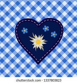 Hand drawn edelweiss flower, heart. Vector symbol of Alps Mountain plant cartoon. Traditional Oktoberfest fair event blue white decorative design element on textured checkered background illustration