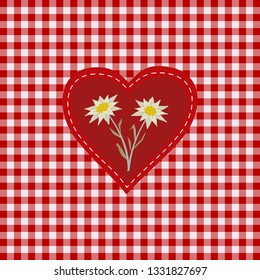 Hand drawn edelweiss flower in red heart. Vector Star shape national symbol of Alpes, Mountain alpine plant cartoon. Traditional decorative design element on textured checkered background illustration