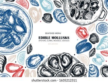 Hand drawn edible marine mollusks with herbs, spices and lemon design. Vector package, flyer, menu, recipes template with seafood elements. Cooked clams, oysters, cockles, mussels top view background.