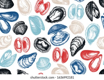 Hand drawn edible marine mollusks seamless pattern. Vector package, banner, menu, recipes design with shellfish elements. Cooked seafood - scallops, clams, oysters, cockles, mussels top view backdrop.