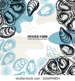 Hand drawn edible marine mollusks - oysters with spices and lemon design. Vector package, banner, flyer, menu, recipes template with seafood elements. Cooked oyster shellfish top view background.