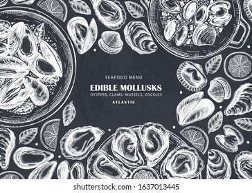 Hand drawn edible marine mollusks with spices and lemon design. Vector package, menu, recipes template with seafood elements. Cooked clams, oysters, cockles, mussels top view frame on chalkboard.