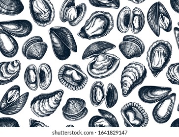 Hand drawn edible marine mollusks seamless pattern. Vector package, banner, menu, recipes design with realistic seafood elements. Cooked shellfish clams, oysters, cockles, mussels top view backdrop.