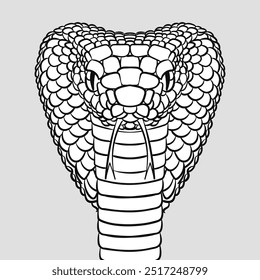 Desenhado à mão ilustração editável de cobra linear King Cobra com pele escalada detalhada isolada em fundo cinza. Arte contorno preto e branco de réptil venenoso. Design de tatuagem, impressão de t-shirt, etc.