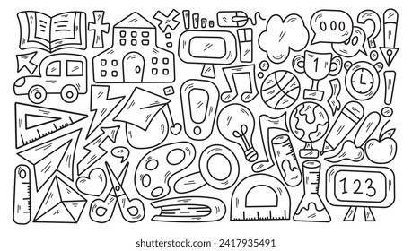 Hand Drawn Education Elements in Black and White Doodle Art Style. Suitable for Vector Illustration Templates