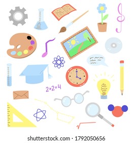 Hand drawn education and hobby  items set. "Back to school" set. School items illustration.