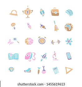 Hand drawn education icons vector on white background. School Icons. Back To School. Hand Drawn color Icon Set. Sketchy School objects and symbols. Freehand drawing school items.