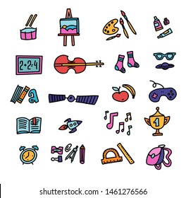 Hand drawn education icons vector on white background. School Icons. Back To School. Hand Drawn Doodle color Icon Set. Sketchy outline set of School objects and symbols. Freehand drawing school items