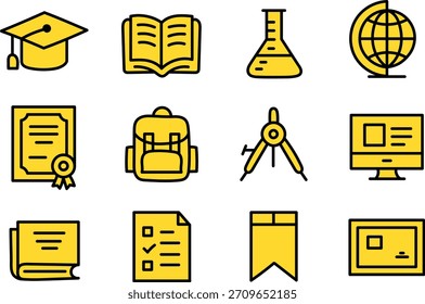 Hand Drawn Education and Learning Icon Set in Yellow Line Style for School and Academic Design