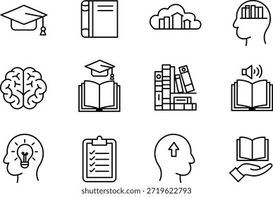 Hand Drawn Education and Learning Line Icons Set with Knowledge Brain Books and Study Symbols