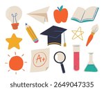 Hand Drawn Education School Collection. A fun set of 14 hand drawn school themed elements including icons of books stars lab items and symbols of learning. Perfect for educational student graphics