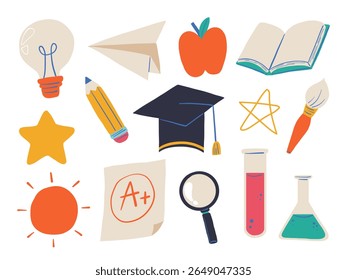 Hand Drawn Education School Collection. A fun set of 14 hand drawn school themed elements including icons of books stars lab items and symbols of learning. Perfect for educational student graphics