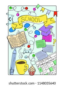 Hand drawn education school vector illustration. Doodling scientific school background. Science arrow bubble set sketch vector ink doodle. Picture for coloring.