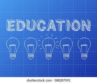 Hand drawn education sign and light bulbs on blueprint background