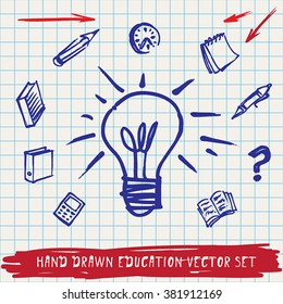 hand drawn education vector icon set on checkered sheet