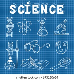 Hand drawn education vector illustration. Doodling scientific background. Science arrow bubble set sketch vector ink doodle. Blueprint wallpapers.