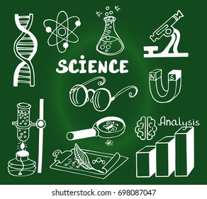 Hand drawn education vector illustration. Doodling scientific background. Science arrow bubble set sketch vector ink doodle. Green blackboard wallpapers.