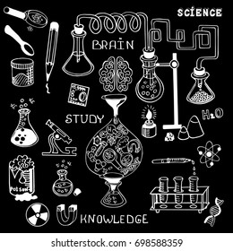 Hand drawn education vector illustration. Doodling scientific background. Science arrow bubble set sketch vector ink doodle.