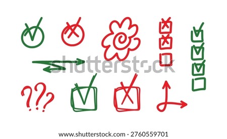 Hand drawn educational marks set. Check marks, crosses, arrows, question marks and flower doodles for teacher and school. Hand drawn exam grade marks set.