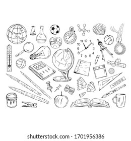 hand drawn educational tools and materials. scribble school equipment. educational equipment