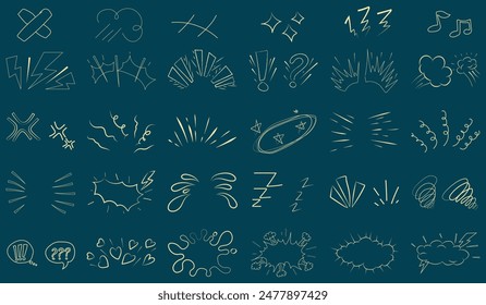 Hand drawn effect manga elements set. Cartoon doodle anime icons. Vector isolated illustration