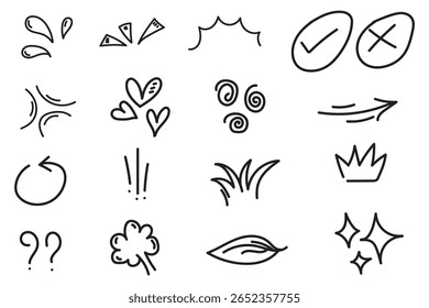 Hand drawn effect manga elements set. Cartoon doodle anime icons. Vector isolated illustration