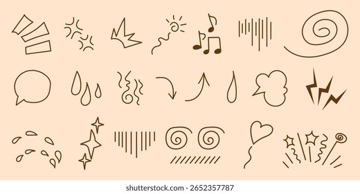 Hand drawn effect manga elements set. Cartoon doodle anime icons. Vector isolated illustration