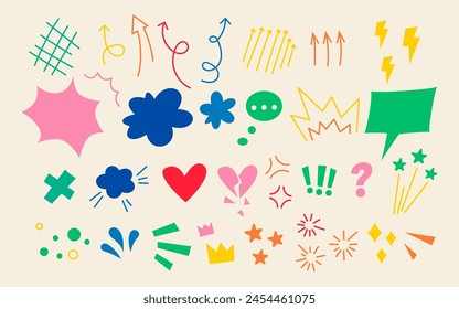 Hand drawn effect set. Collection of arrows and speech bubbles. Vector illustration. Doodle anime icons in bright colors