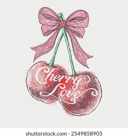 Efectos dibujados a mano Cherry Girls Graphics para diseño de frutas, arco de cereza con tipografía de eslogan, estampados gráficos de moda Cherries Fruit Lindo patrón de camiseta, comida vintage Moda impresión de eslogan para camiseta