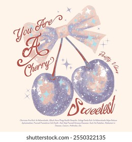 hand drawn effects cherry girls graphics for fruit design, cherry bow with slogan typography, fashion graphic prints cherries fruit cute t-shirt pattern, vintage food fashion slogan print for t-shirt