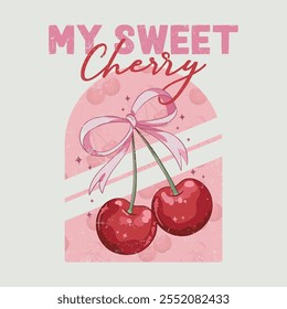 Efectos dibujados a mano Cherry Girls Graphics para diseño de frutas, arco de cereza con tipografía de eslogan, estampados gráficos de moda Cherries Fruit Lindo patrón de camiseta, comida vintage Moda impresión de eslogan para camiseta