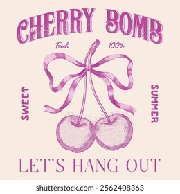 hand drawn effects cherry girls graphics for fruit design, cherry bow with slogan typography, fashion graphic prints cherries fruit cute t-shirt pattern, vintage food fashion slogan print for t-shirt