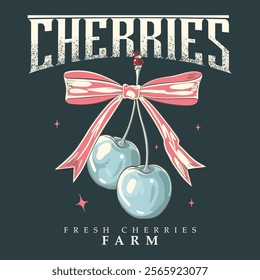 hand drawn effects cherry girls graphics for fruit design, cherry bow with slogan typography, fashion graphic prints cherries fruit cute t-shirt pattern, vintage food fashion slogan print for t-shirt