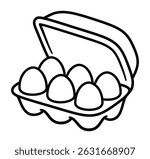 Hand drawn egg carton doodle line icon. Half dozen eggs container. Simple cartoon drawing, vector clip art illustration.