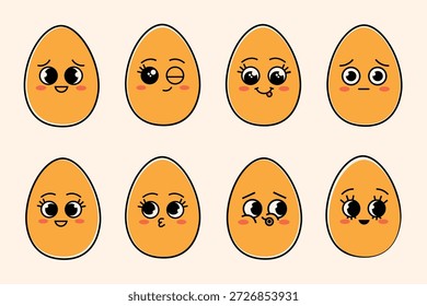 Hand drawn egg characters with cute facial expressions and soft outlines. Friendly cartoon illustration set for Easter prints, stickers, kids branding and stationery.