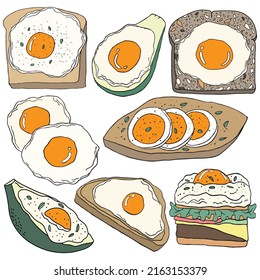 Menú de huevo dibujado a mano para el desayuno en estilo de arte de doodle sobre fondo blanco