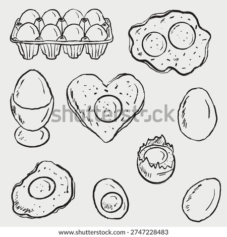 Hand drawn egg and toast set. Vector sketch illustration in crayon style. Fried eggs, toast with egg, carton, cracked egg, soft-boiled egg, and breakfast and lunch variations.