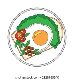 Hand drawn egg with tomatoes, lettuce and mushrooms on bread. Vector illustration in doodle style on white background