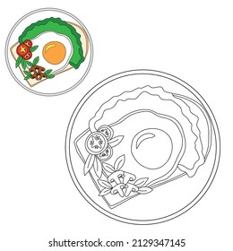 Huevo a mano con tomates, lechuga y champiñones sobre el pan. Colorido de la página. Ilustración vectorial en estilo doodle sobre fondo blanco