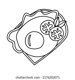 Handgezogenes Ei mit Tomaten und Salat auf Brot. Schwarz-Weiß.  Vektorgrafik im Doodstil auf weißem Hintergrund
