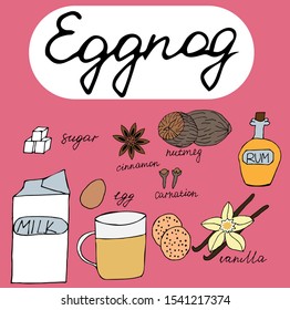 Hand drawn Eggnog ingredients. Christmas drink. Stock Vector Illustration