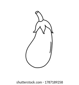 Hand drawn eggplant in black line, simple icon in doodle style, fresh vegetable. Vector illustration on isolated white background. 