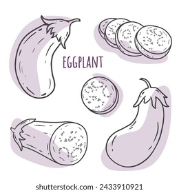 Hand Drawn Eggplant isolated on a white background. Sketch of Half a eggplant and a slice. Doodle. Black and white  Vector illustration