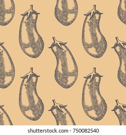 Hand Drawn Eggplant Sketch Seamless Pattern Background. Vector illustration