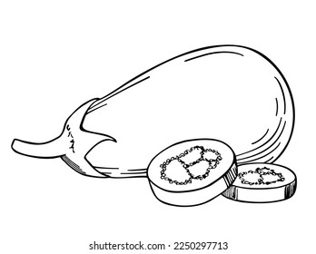 Eggplant dibujado a mano y una rebanada. Esbozo de berenjenas en blanco y negro. Ilustración vectorial, aislada en un fondo blanco. Granja de verduras ecológicas frescas en arte.
Vegetales de insignia en el antiguo estilo de tinta