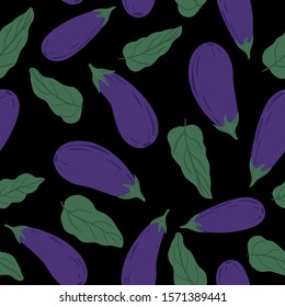 Hand drawn eggplants seamless pattern on black background. Violet aubergines wallpaper. Design for fabric, textile print, wrapping paper, textile, restaurant menu. Vector illustration