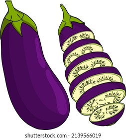 Oberenjenas dibujadas a mano. Ilustración de color vectorial aislada en fondo blanco. Granja, verduras frescas y ecológicas.