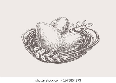 Hand drawn eggs lie in a nest of twigs on a light background. Happy Easter. Retro seasonal vector illustration for greeting card.